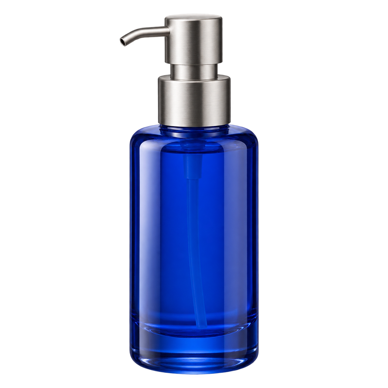 Cobalt cosmetic pump bottle isolated as a transparent product cutout.