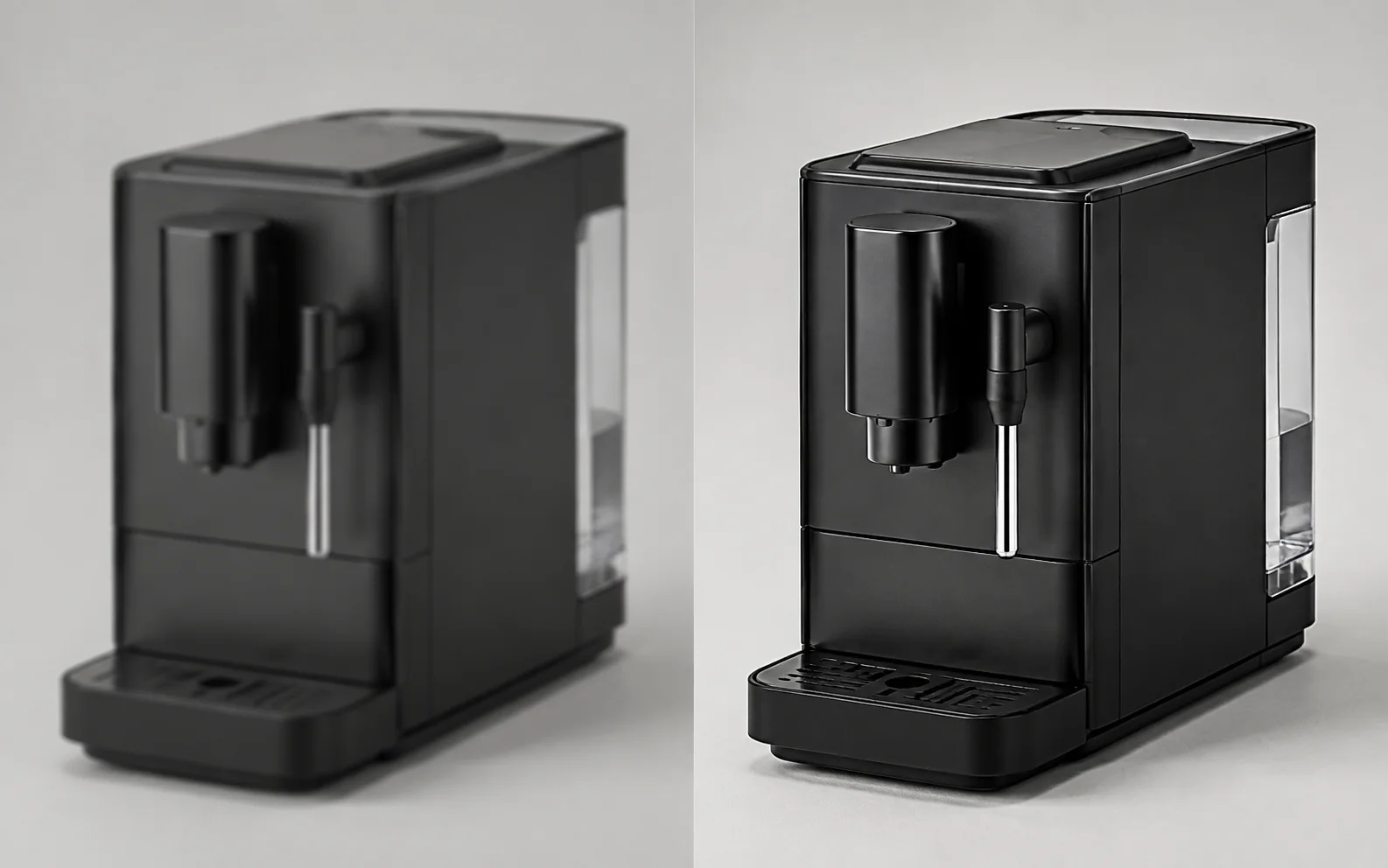 The same espresso machine shown soft on the left and enhanced on the right.