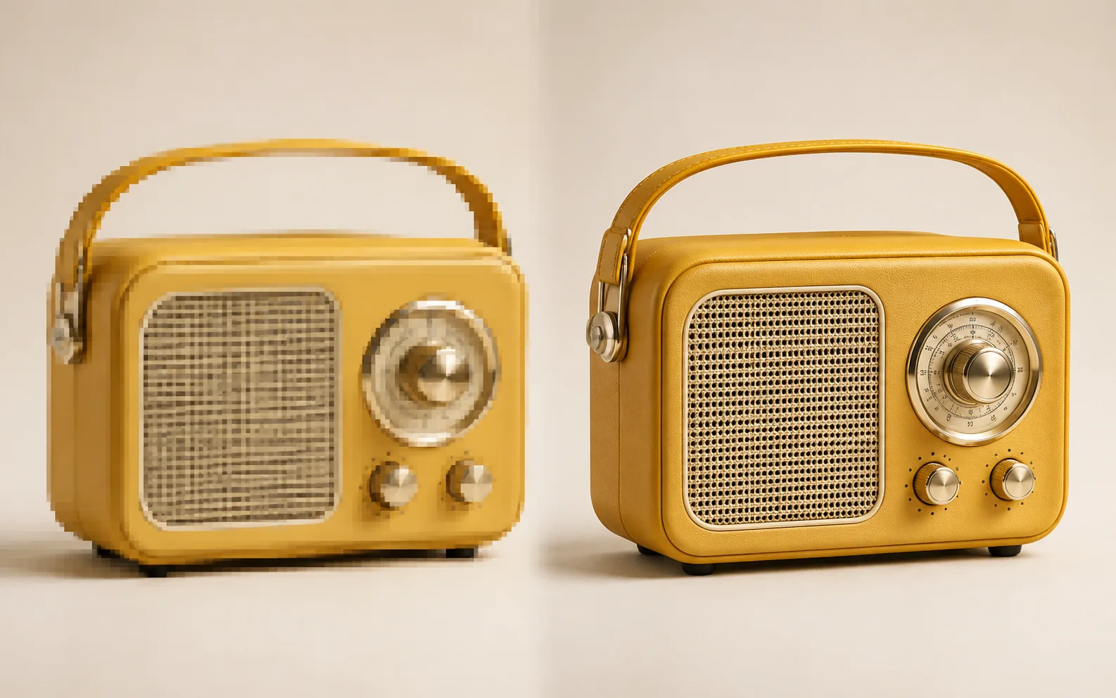 The same yellow radio shown pixelated on the left and high resolution on the right.
