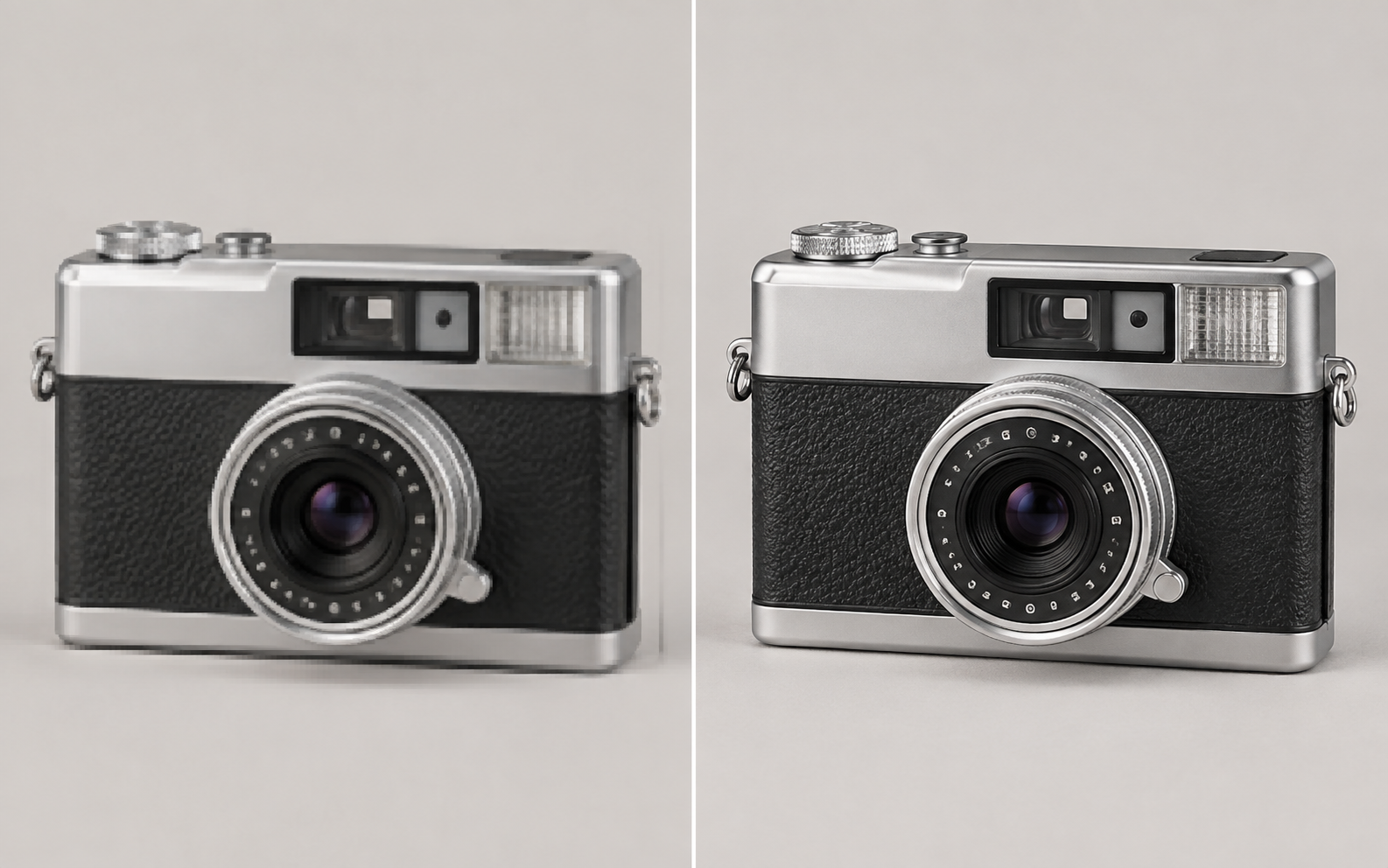 The same compact camera shown soft on the left and sharply enhanced on the right.