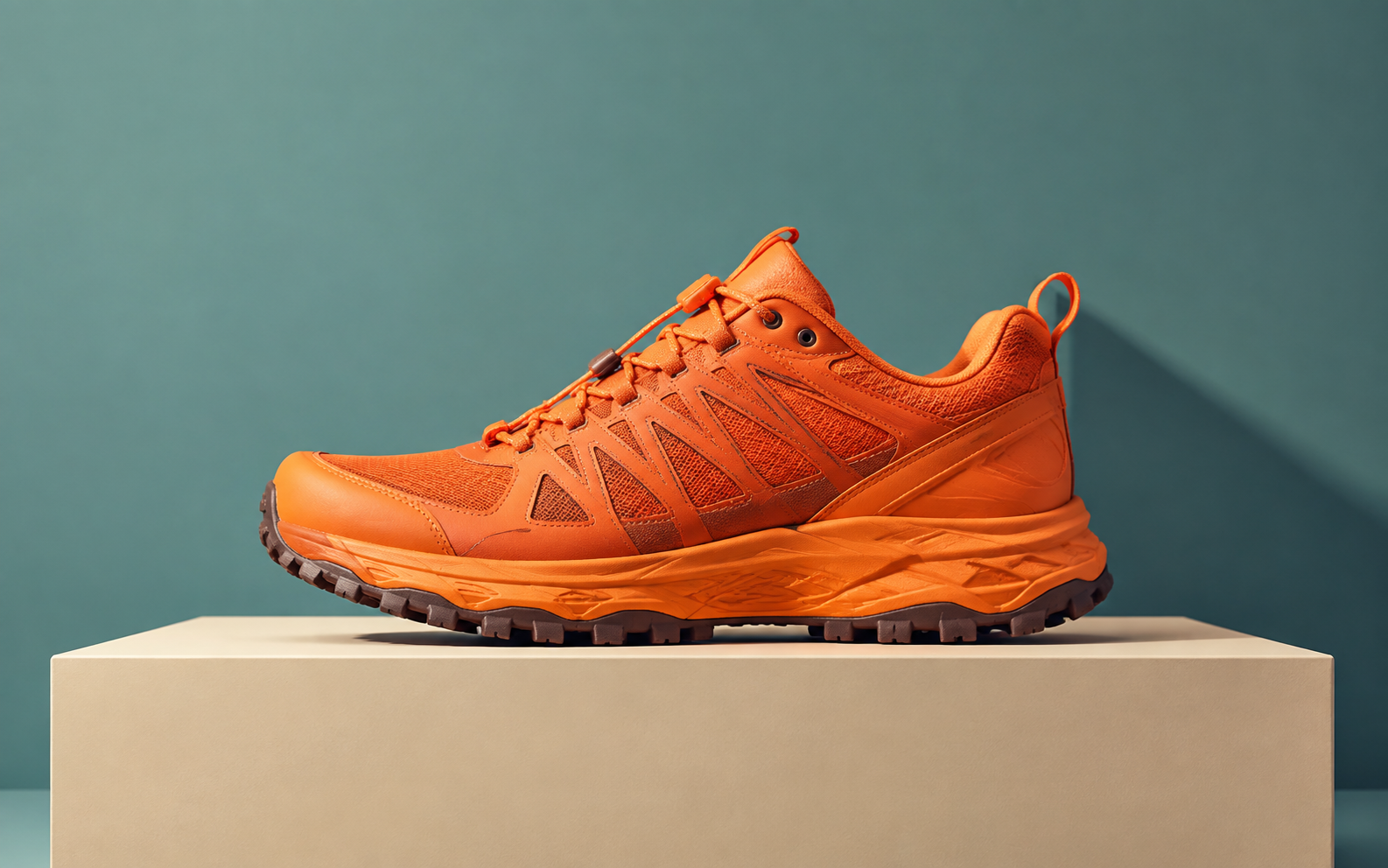Orange trail running shoe in a polished studio product photograph.