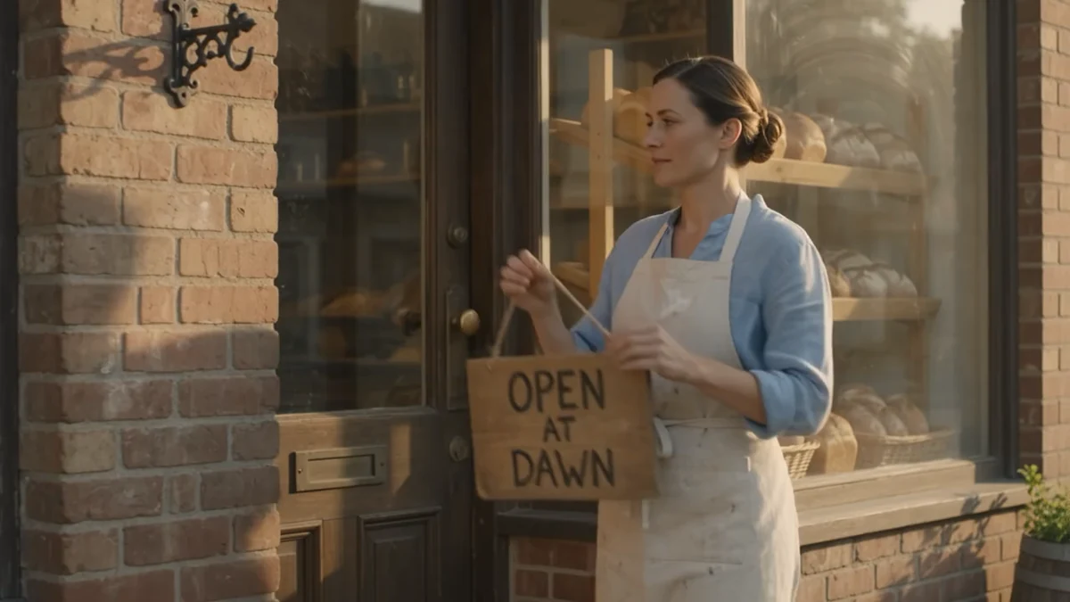 Bakery owner in a pale blue shirt and cream apron hanging an OPEN AT DAWN wooden sign outside a sunlit brick storefront.