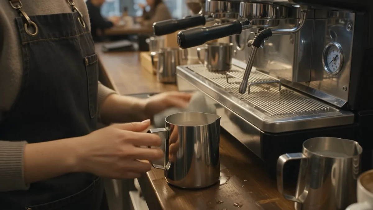 Close view of a barista holding a stainless-steel milk pitcher beside a polished espresso machine in a warmly lit cafe.