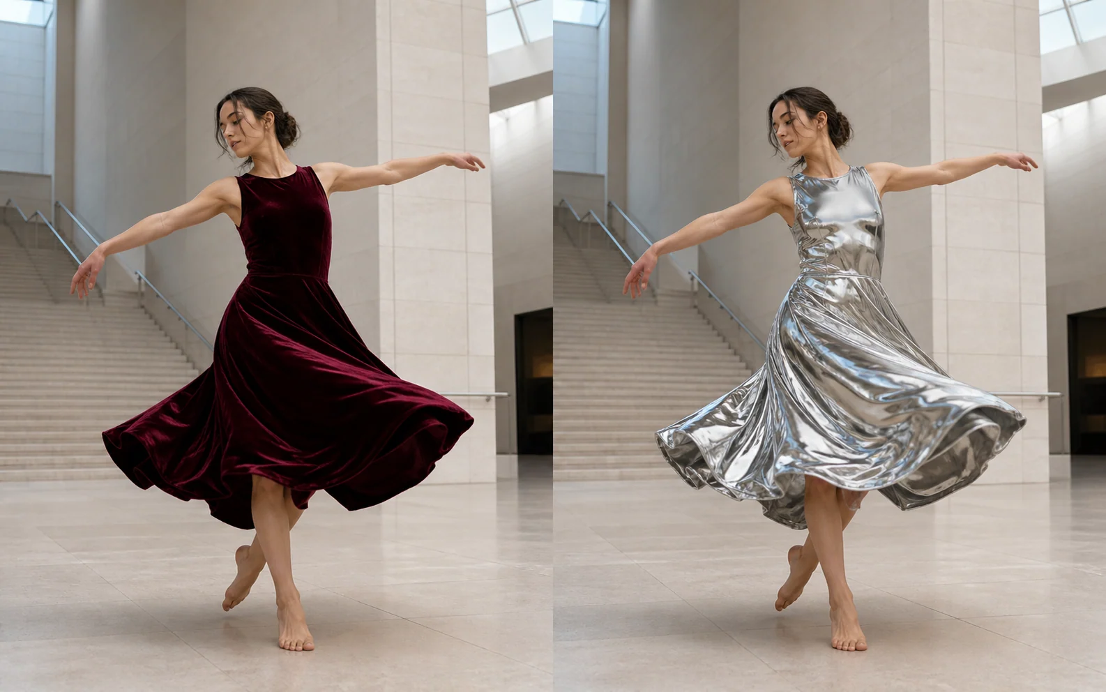 Same dancer and museum pose shown twice, with only the dress material changing from burgundy velvet to reflective silver.