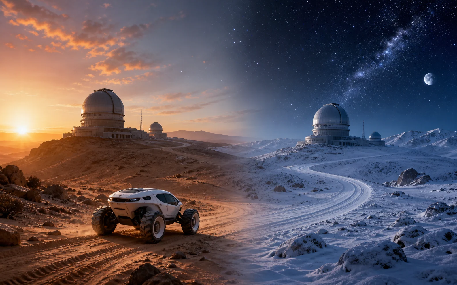White exploration vehicle crossing a landscape that transitions from a desert observatory at sunrise to the same observatory under snow and stars.