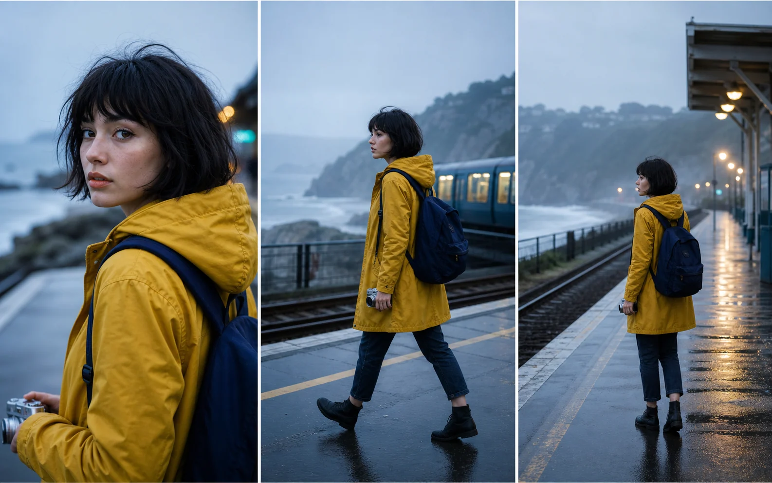 Three consistent views of the same woman in a yellow raincoat carrying a navy backpack and silver camera at a coastal train station.