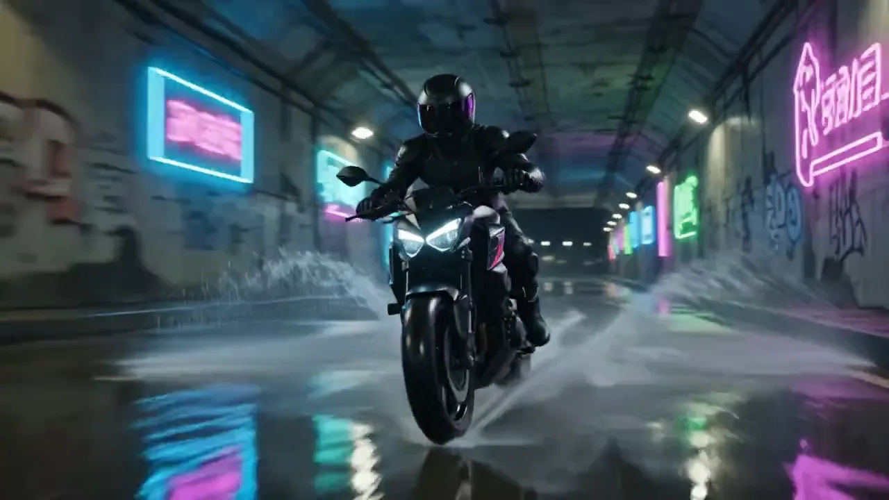 Masked stunt rider racing through a flooded neon tunnel at night.
