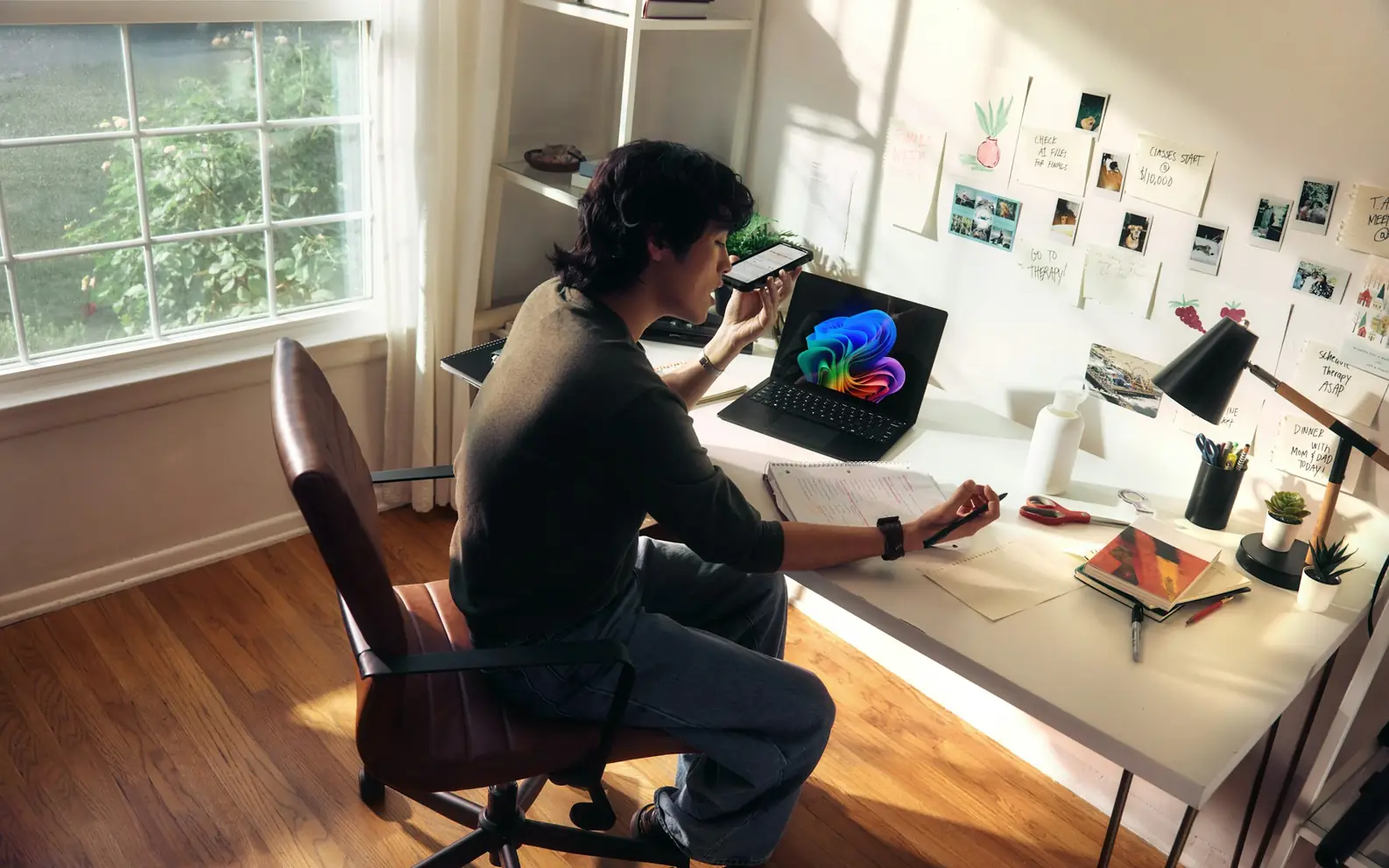 Before-and-after slider for a desk-side subject, showing improved foreground clarity after AI deblurring. result