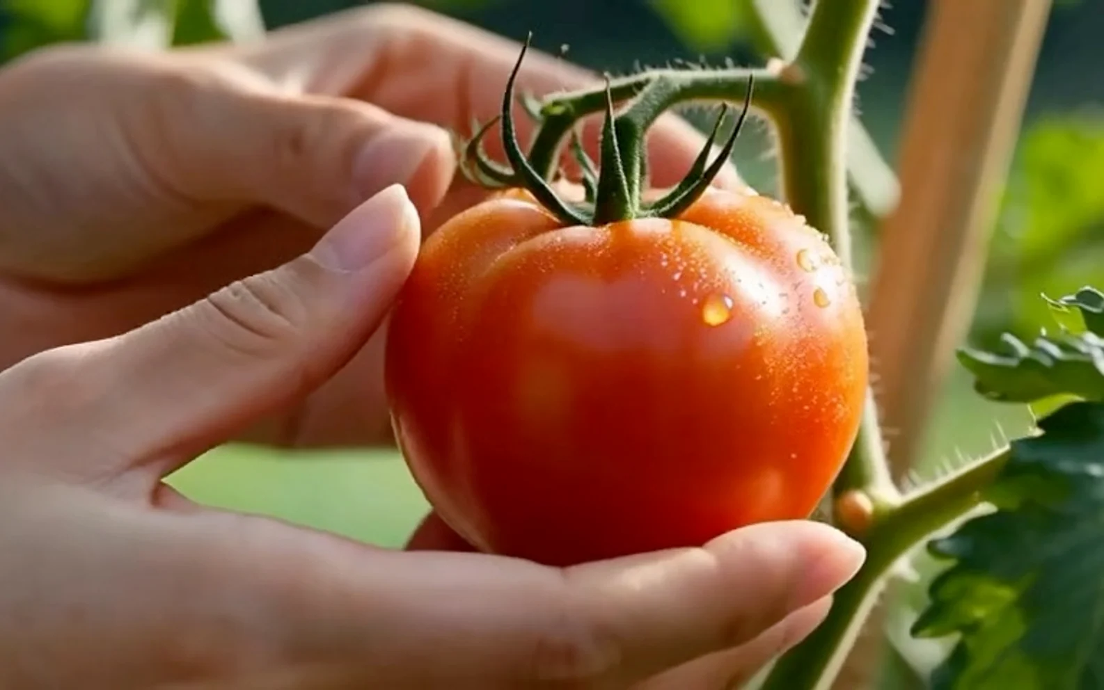 Hands harvesting a ripe red tomato from a sunlit garden before a match cut to slicing fresh cucumber in a kitchen.